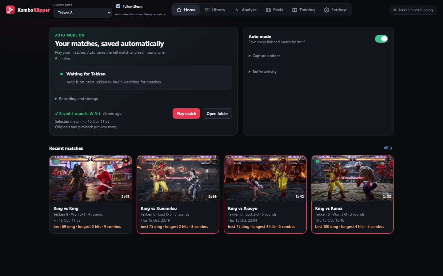 The KomboKlipper Home tab: auto mode on, the last saved match and recent matches with scores.