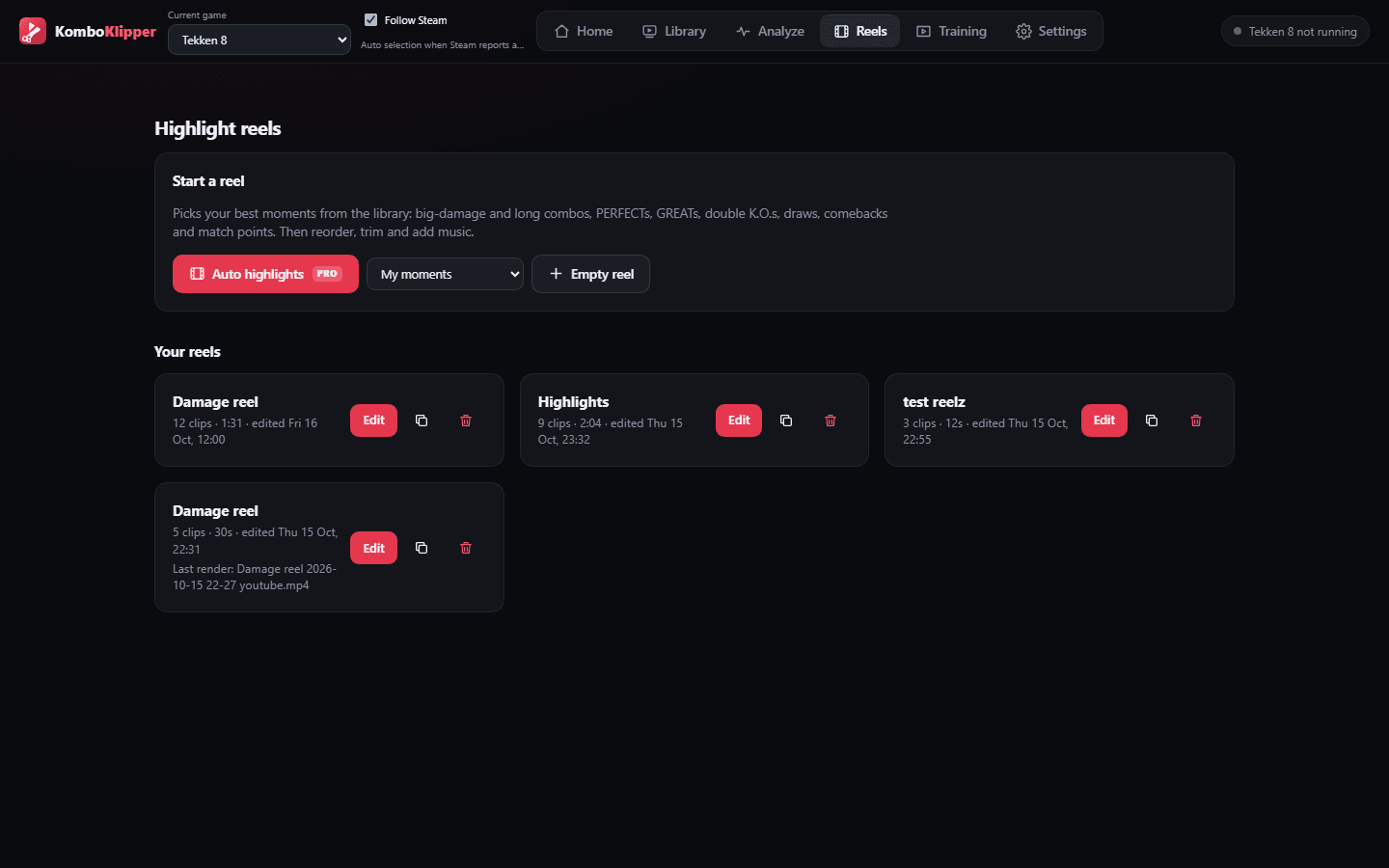 The KomboKlipper Reels tab: start a reel from auto highlights or empty, and the list of saved reels.